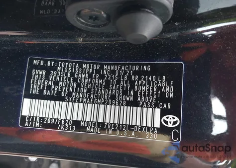 2021 Toyota Corolla Le from USA, damaged, VIN 5YFEPMAE6MP209628